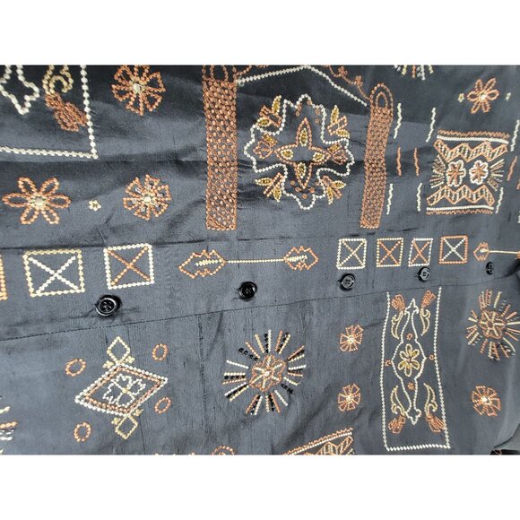 Vintage Mirasol Womens Silk Blend Button-Up Shirt Small Black Tribal Embroidery - Picture 8 of 8